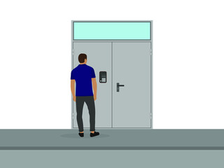 A male character stands in front of a metal door with an intercom on a white background