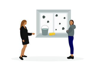 Two female characters are standing near a dirty window with a bucket of water and a sponge on a white background - obrazy, fototapety, plakaty