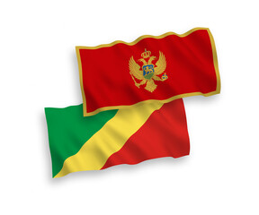 National vector fabric wave flags of Montenegro and Republic of the Congo isolated on white background. 1 to 2 proportion.