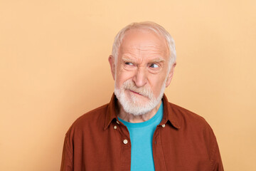 Photo of sad aged white hairdo man look promo wear brown shirt isolated on beige color background