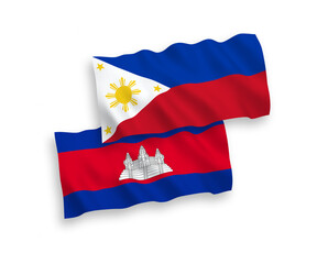 National vector fabric wave flags of Kingdom of Cambodia and Philippines isolated on white background. 1 to 2 proportion.