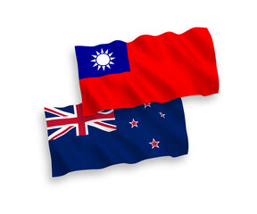 National vector fabric wave flags of New Zealand and Taiwan isolated on white background. 1 to 2 proportion.