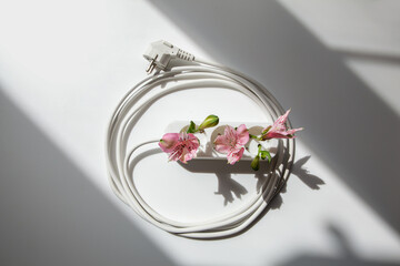 Bio energy, white power extension cord socket and pink flower. Climate change ecology and sustainable usage of green energy