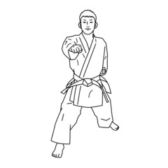 空手（形）をする男性のイラスト（白背景・ベクター・切り抜き・線画）