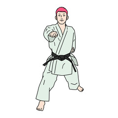 空手（形）をする男性のイラスト（白背景・ベクター・切り抜き）