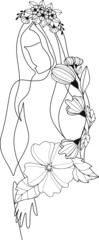Wild Flowers surreal faces Continuous line, drawing of set faces and hairstyles, fashion concept, woman's beauty, minimalist, pretty sexy. Yourself self-care