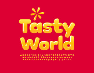 Vector glossy Logo Tasty World. Kids cute Font. Artistic Alphabet Letters and Numbers