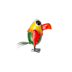 parrot bird made of iron metal isolated on white background with cut out 
