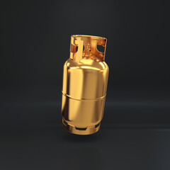 Gold gas cylinder floating on a black background, 3d render