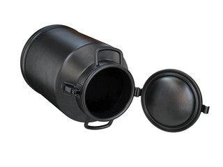 Milk can black open lying on its side on a white background, 3d render