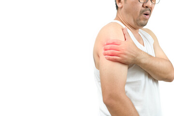 A middle aged man in white vest suffering from arm and shoulder pain isolated