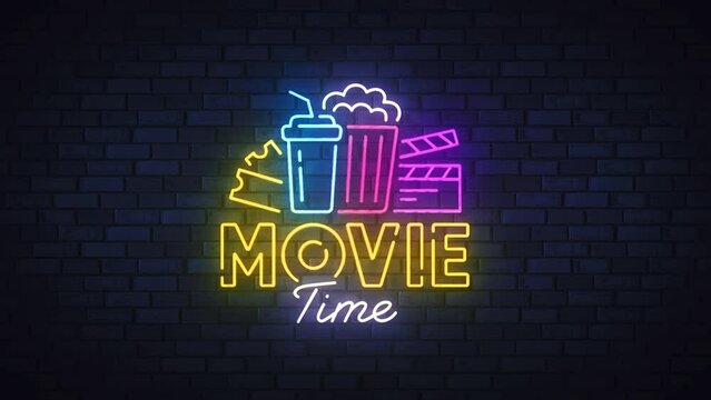 Movie neon sign, bright signboard, light banner. Movie Time logo neon, emblem. High quality 4k footage