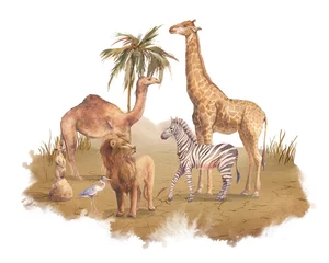  Watercolor Africa scene. African animals illustration. Safari design for banner, wallart, cover, web © ldinka