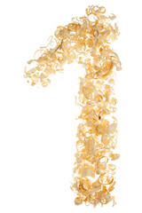 Number one 1 made of wooden sawdust on a white isolated background