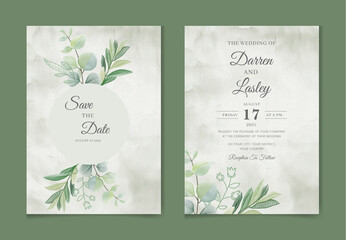 Wedding invitation and menu template with beautiful leaves with watercolor and floral decoration. Flowers illustration for save the date, greeting, poster, and cover design, flyer, Abstract Background