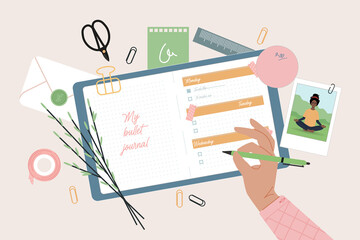 A private diary top view, cute personal belongings on the background, a memory book. Vector illustration in a flat style