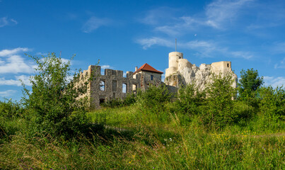 Rabsztyn, Poland. Ruins of medieval royal castle on the rock in Polish Jurassic Highland. Summer panorama. Sunrise light