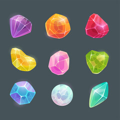 Multicolor cartoon bright crystals, shiny gems set
