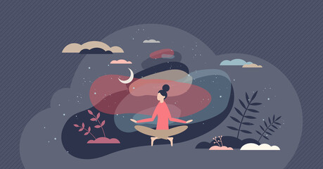 Meditation practice and yoga relaxation for body harmony tiny person concept. Calm posture with physical balance, clear mind and soul for healthy vitality vector illustration. Inner breathing position