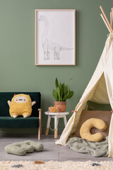 Stylish composition of cozy child room interior design with green wall witk poster and bottle green...