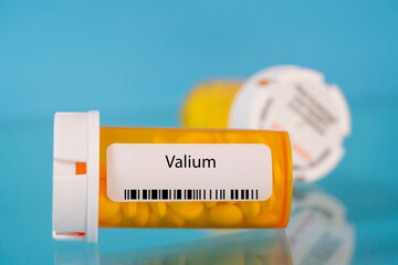Valium. Valium pills in RX prescription drug bottle - obrazy, fototapety, plakaty