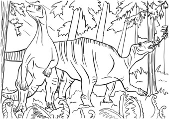 Dinosaur Coloring Page for Education and Fun. Black and White Prehistoric Illustration.