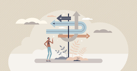 Business advice and expert consultation for direction tiny person concept. Company strategy guidance and help to solve development and future goal questions vector illustration. Job dilemma analysis. - obrazy, fototapety, plakaty