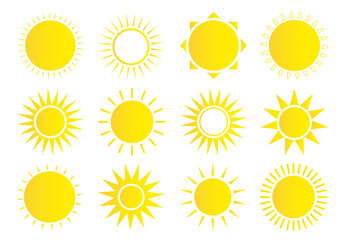 Sun icon set. Weather sun icon. Yellow sun star. Summer elements for design. Vector illustration