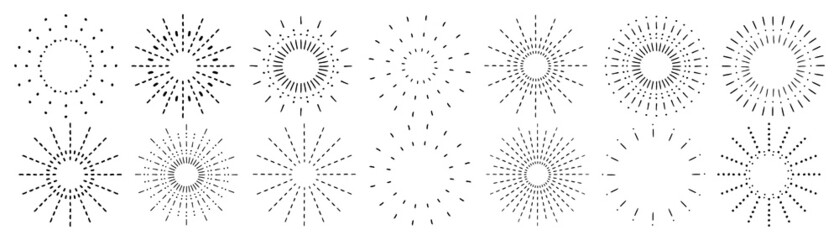 Sunburst set. Vintage sunrise collection.  Vector light rays elements. Firework explosion, stars, emblem, logo, tag. Vector Illustration