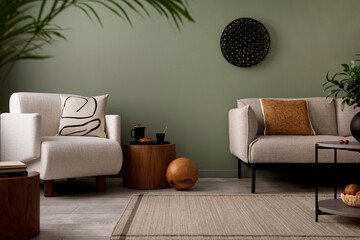 Stylish composition of living room interior with green wall, grey sofa with brown pillow. White armchair with patterned pilow, wooden coffe table with black accessories. Template.