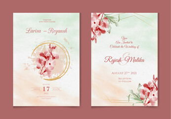 Wedding invitation card template set with watercolor and floral decoration. Flowers illustration for save the date, greeting, poster, and cover design  Abstract Background.
