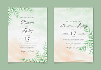 Obraz na płótnie Canvas Wedding invitation and menu template with beautiful leaves with watercolor and floral decoration. Flowers illustration for save the date, greeting, poster, and cover design, flyer, Abstract Background