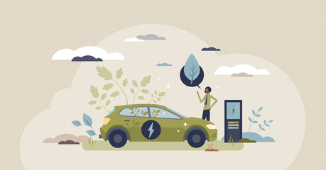 Green electric car with sustainable power consumption tiny person concept. Alternative energy for automobile charging as environmental friendly solution vector illustration. Hybrid vehicle battery. - obrazy, fototapety, plakaty