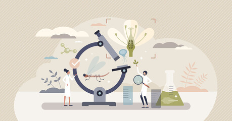 Biology as science branch for environment and science tiny person concept. Nature exploration with microscope and laboratory equipment vector illustration. Molecular scientific research and learning.