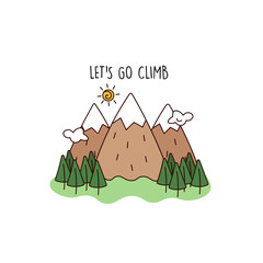 Mountain illustration landscape. Outdoor icon snow ice tops. Camping travel climbing or hiking. Print, stickers illustration