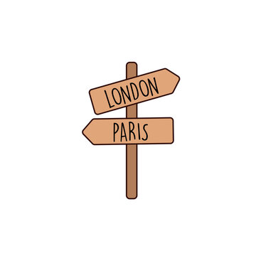 Signposts, signboards, guideposts, wooden road signs. Print stickers illustration.
