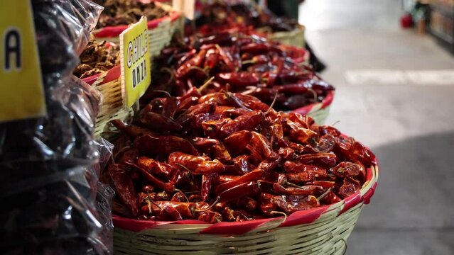 Closeup of Dried Chili Peppers in a Market