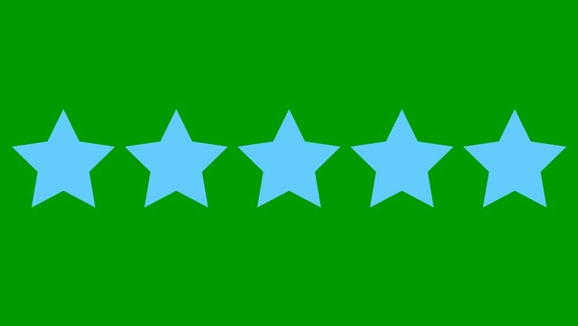 Animated five blue stars customer product rating review. Vector flat illustration isolated on the green background.