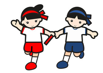 バトンリレーをする男の子と女の子