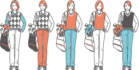 ゴルフバッグを担ぐ若い女性　セット