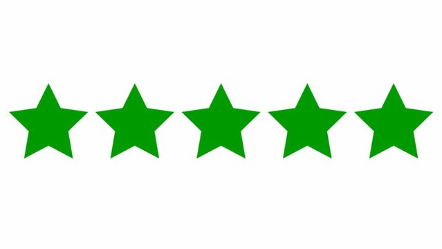 Animated five green stars customer product rating review. Vector flat illustration isolated on the white background