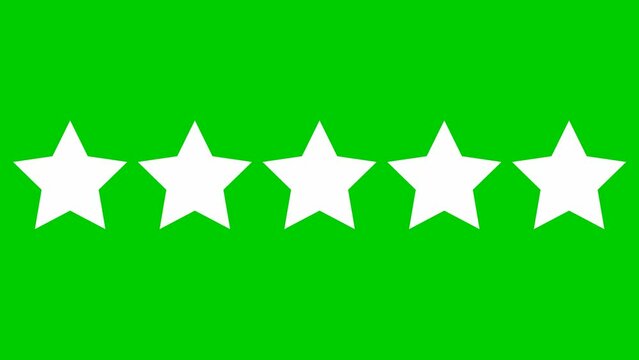 Animated five white stars customer product rating review. Vector flat illustration isolated on the green background.