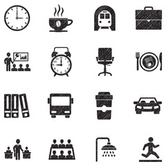 Work Day Icons. Black Scribble Design. Vector Illustration.