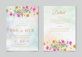 Wedding invitation card template set with watercolor and floral decoration. Flowers illustration for save the date, greeting, poster, and cover design  Abstract Background.
