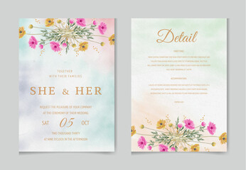 Obraz premium Wedding invitation card template set with watercolor and floral decoration. Flowers illustration for save the date, greeting, poster, and cover design Abstract Background. 