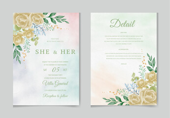 Obraz na płótnie Canvas Wedding invitation card template set with watercolor and floral decoration. Flowers illustration for save the date, greeting, poster, and cover design Abstract Background. 