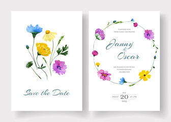 Wedding invitation cards decorated with hand painted watercolor wildflowers