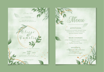 Wedding invitation and menu template with beautiful leaves with watercolor and floral decoration. Flowers illustration for save the date, greeting, poster, and cover design, flyer, Abstract Background
