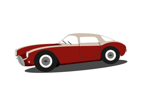 Red retro car with beige roof on white background. print for t-shirts, postcards, notepads. Vector.