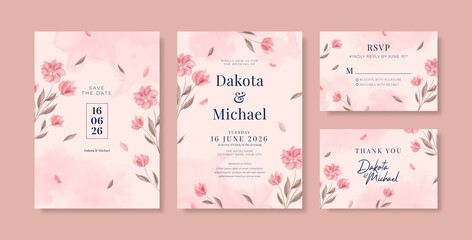 Romantic pink wedding invitation template with watercolor flower